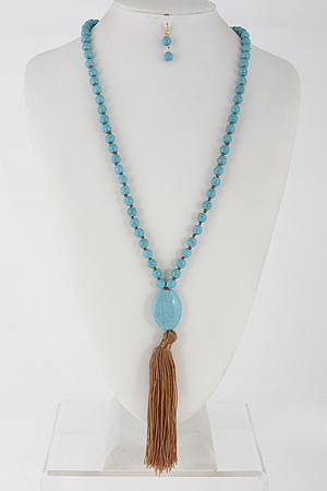 Long Bead Necklace With Stone And Tassel Set 6EAG6